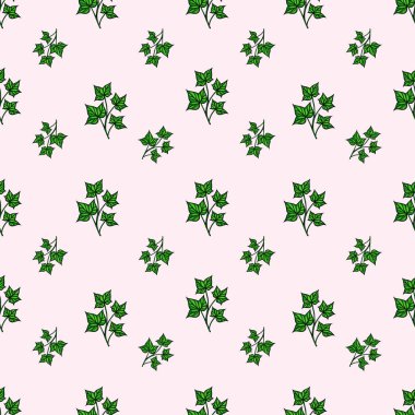 Yumuşak pembe arka planda yeşil sarmaşık yaprakları olan kusursuz bir vektör deseni. Tasarım tekstil ya da duvar kâğıdı için tekerrürden ibarettir..