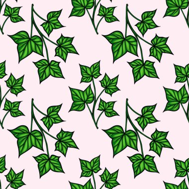 Açık pembe arkaplanda yeşil sarmaşık yaprakları olan kusursuz bir vektör deseni. Tasarım çeşitli sarmaşık yaprak şekilleri ve düzenlemeleri sergiliyor, doğal ve taze bir estetik yaratıyor.