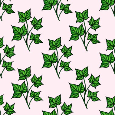 Yumuşak pembe arka planda yeşil sarmaşık yaprakları olan kusursuz bir vektör deseni. Tasarım çeşitli sarmaşık yaprak şekilleri ve düzenlemeleri sergiliyor, taze ve doğal bir estetik yaratıyor..