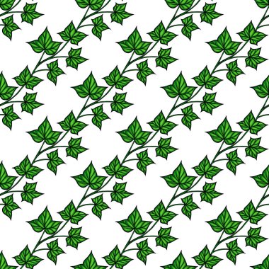 Beyaz arka planda yeşil sarmaşık yaprakları olan kusursuz bir vektör deseni. Tasarım, yaprakların çeşitli boyutlarını ve yönlerini sergiliyor, verimli ve canlı bir görünüm yaratıyor..