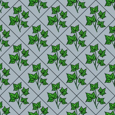 Açık mavi arkaplanda yeşil sarmaşık yaprakları içeren, pırlanta şebeke düzeninde düzenlenmiş, pürüzsüz bir vektör deseni. Tasarım canlı ve çeşitli dekoratif kullanımlar için uygundur..