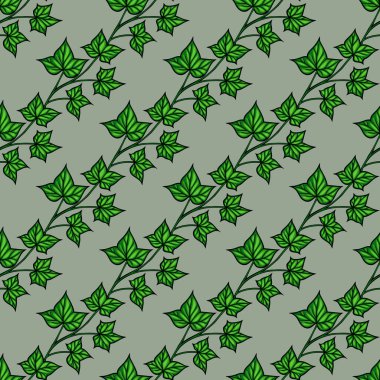 Yeşil sarmaşık yapraklarının sessiz yeşil arka planda olduğu kusursuz bir vektör deseni. Tasarım, yaprakların çeşitli boyutlarını ve yönlerini sergiliyor, doğal ve organik bir his yaratıyor..