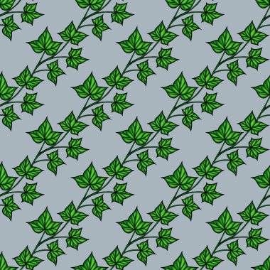 Açık mavi bir arkaplanda yeşil sarmaşık yaprakları olan kusursuz bir vektör deseni. Tasarım, yaprakların çeşitli boyutlarını ve yönlerini sergiliyor, doğal ve organik bir his yaratıyor..