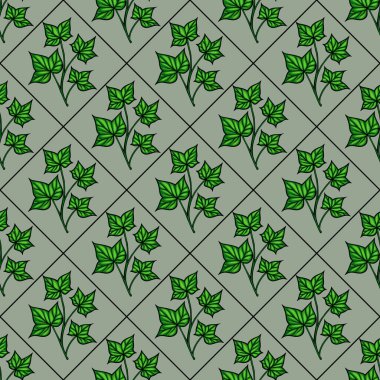 Yeşil sarmaşık yapraklarının sessiz yeşil bir arka planda elmas ızgarada sıralandığı kusursuz bir vektör deseni. Yapraklar damarlarla ve değişik boyutlarda, doğal ve organik bir his yaratıyor..