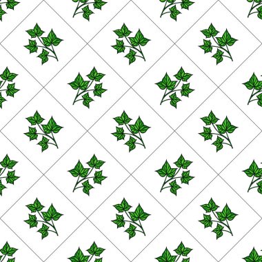 Beyaz arka planda yeşil sarmaşık yaprakları içeren, pırlanta desenli bir vektör. Tasarım canlı ve tekstil veya duvar kağıtları için uygundur..