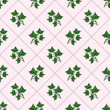 Açık pembe arkaplanda yeşil sarmaşık yaprakları içeren pürüzsüz bir desen..