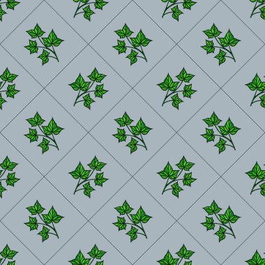 Açık mavi bir arkaplanda yeşil sarmaşık yaprakları olan kusursuz bir vektör deseni. Tasarım yineleniyor, yaprakların çeşitli düzenlerini bir ızgara düzeninde gösteriyor..