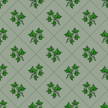 Yeşil sarmaşık yapraklarının sessiz yeşil arka planda olduğu kusursuz bir vektör deseni. Tasarım yineleniyor, yaprakların çeşitli düzenlemelerini gösteriyor..