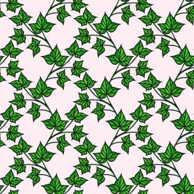 Yumuşak pembe arka planda yeşil sarmaşık yaprakları olan kusursuz bir vektör deseni. Tasarım çeşitli sarmaşık yaprak şekilleri ve boyutlarını sergiliyor, verimli, doğal bir estetik yaratıyor..