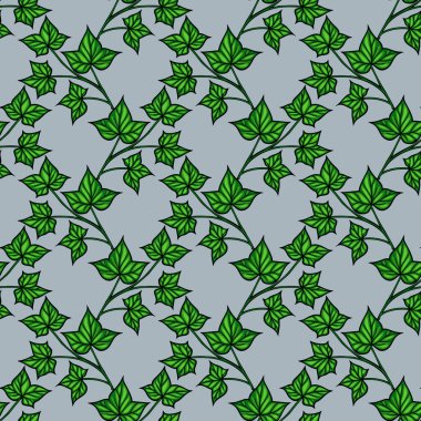 Açık mavi bir arkaplanda yeşil sarmaşık yaprakları olan kusursuz bir vektör deseni. Tasarım çeşitli sarmaşık yaprak şekilleri ve boyutlarını sergiliyor, doğal ve organik bir his yaratıyor..