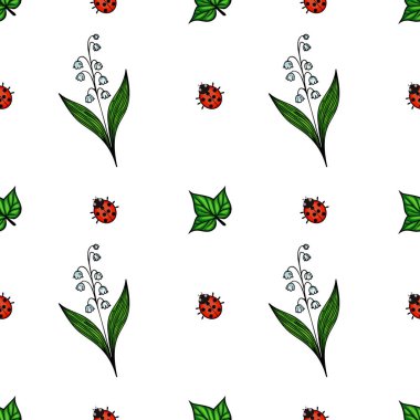 Yeşil yapraklar, beyaz çiçekler ve vadi arka planında kırmızı uğur böceklerinden oluşan kusursuz bir vektör deseni. Tasarım tekstil veya duvar kağıtları için uygun ve eğlenceli.