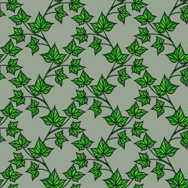 Yumuşak yeşil arkaplanda yeşil sarmaşık yaprakları olan kusursuz bir vektör deseni. Tasarım, yaprakların çeşitli boyutlarını ve yönlerini sergiliyor, doğal ve organik bir his yaratıyor..