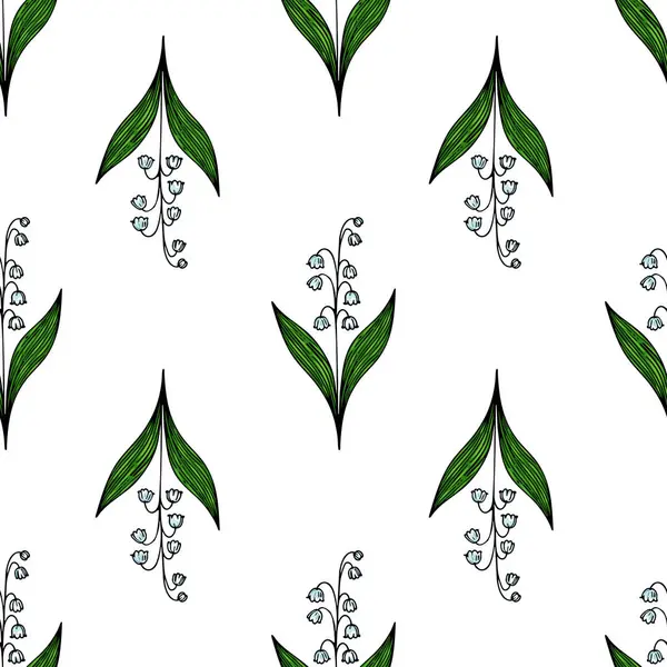 Beyaz arka planda yeşil yapraklı vadi çiçeklerinin stilize edilmiş zambaklarını içeren pürüzsüz bir desen. Tasarım zarif ve tekstil veya duvar kağıtları için uygundur..