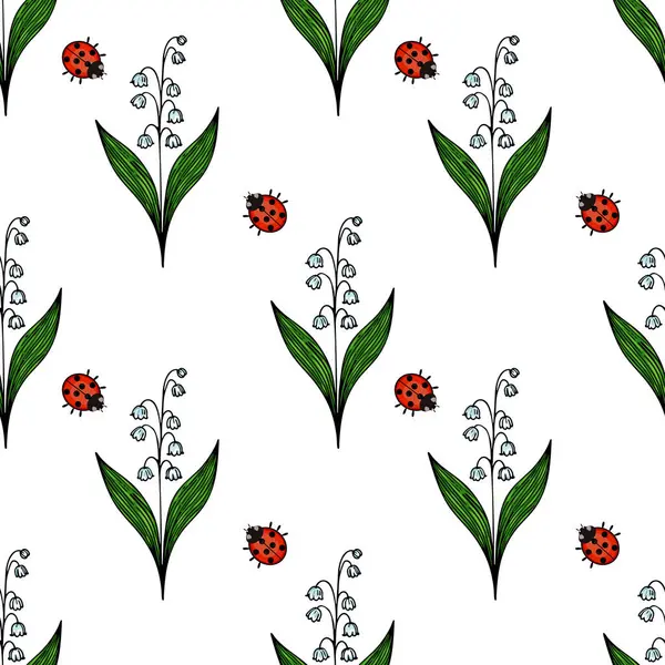 Kırmızı uğur böcekleri eşliğinde yeşil yapraklı ve beyaz çiçekli biçimlendirilmiş çiçeklerden oluşan kusursuz bir vektör deseni. Tasarım neşeli ve canlı, kumaş veya duvar kağıdı için uygun..