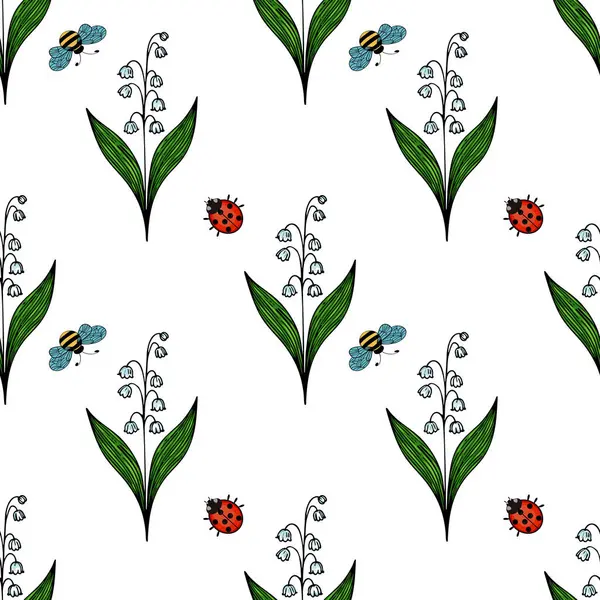 Şekillendirilmiş çiçekler, arılar ve uğur böcekleri içeren kusursuz bir vektör deseni. Tasarımda yeşil yapraklar, vadideki beyaz zambak çiçekleri, mavi arılar ve beyaz arka plandaki kırmızı uğur böcekleri yer alıyor..