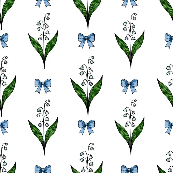 Beyaz arka planda yeşil yapraklı ve mavi fiyonklu vadi çiçeklerinin biçimlendirilmiş zambaklarını içeren kusursuz bir vektör deseni..