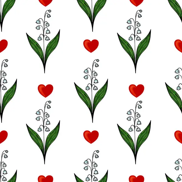 Kırmızı kalpler ve yeşil yapraklarla vadi çiçeklerinin beyaz zambaklarını içeren pürüzsüz bir desen. Tasarım beyaz bir arkaplanda, yeni ve canlı bir görünüm yaratıyor..