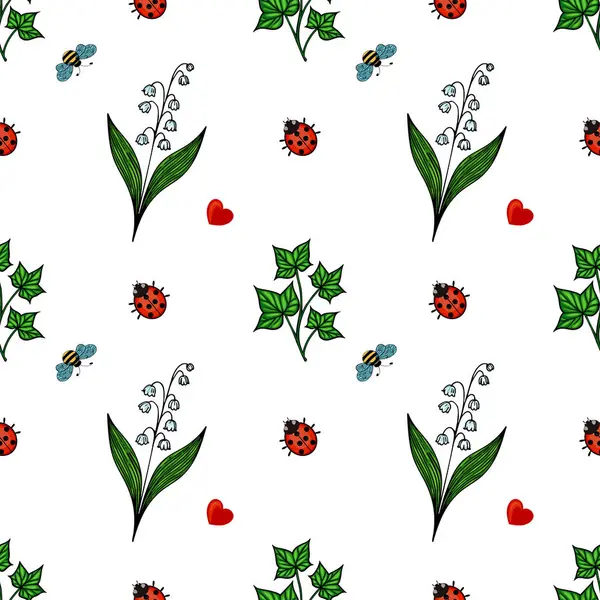 Beyaz arka planda çiçekler, arılar, uğur böcekleri, yeşil yapraklar ve kırmızı kalplerden oluşan kusursuz bir vektör deseni.