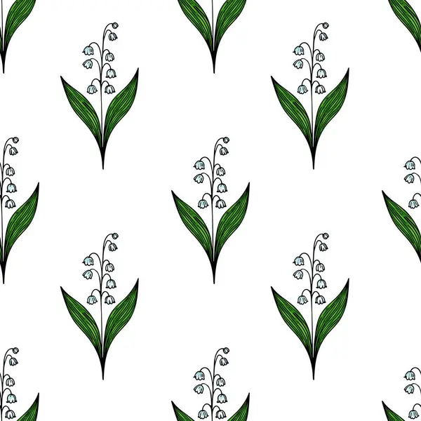 Beyaz arka planda yeşil yapraklı vadi çiçeklerinin narin zambaklarını içeren pürüzsüz bir desen..