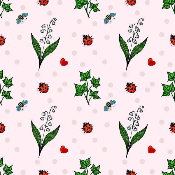 Yumuşak pembe arka planda uğur böcekleri, arılar ve çiçeklerden oluşan garip bir vektör deseni. Tasarım yeşil yapraklar, vadi çiçeklerinin beyaz zambakları ve kırmızı kalpler içerir..