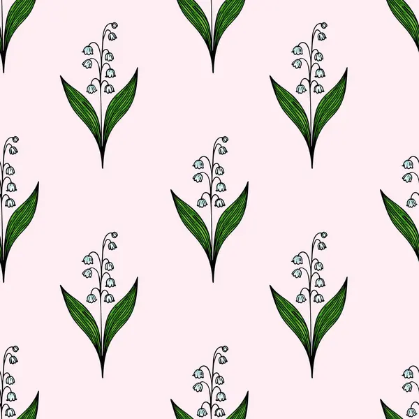 Yumuşak pembe arka planda yeşil yapraklı, vadideki çiçeklerin narin zambaklarını içeren pürüzsüz bir desen..