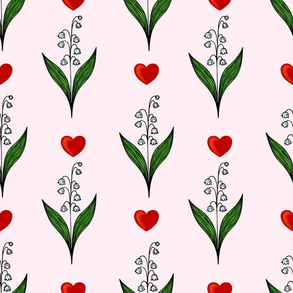 Kırmızı kalpler ve yumuşak pembe arka planda yeşil yapraklı beyaz çiçekli vadi çiçekleri içeren pürüzsüz bir desen..