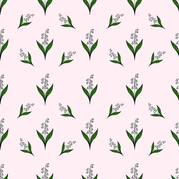 Yumuşak pembe arka planda yeşil yapraklı narin beyaz çiçekleri içeren kusursuz bir vektör deseni. Tasarım zarif ve tekstil veya duvar kağıtları için uygundur..