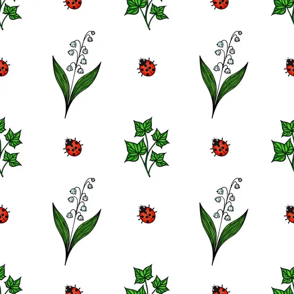 Beyaz arka planda yeşil yapraklar, beyaz çiçekler ve kırmızı uğur böceklerinden oluşan kusursuz bir vektör deseni. Tasarım eğlenceli ve canlı, tekstil veya duvar kağıtları için uygun..
