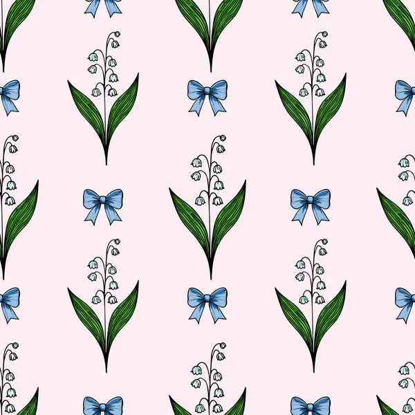 Yeşil yapraklı ve açık pembe arka planda mavi fiyonklu vadi çiçeklerinin biçimlendirilmiş zambaklarını içeren kusursuz bir vektör deseni..