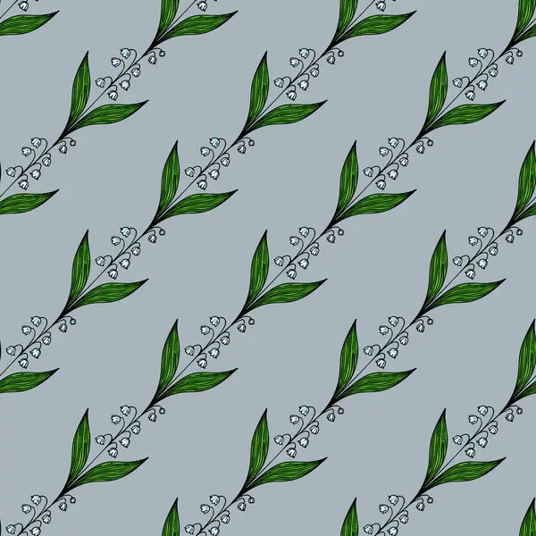 Yumuşak mavi arka planda stilize edilmiş yeşil yapraklar ve küçük beyaz çiçekler içeren pürüzsüz bir desen. Tasarım karmaşık ve tekstil veya duvar kağıtları için uygundur..