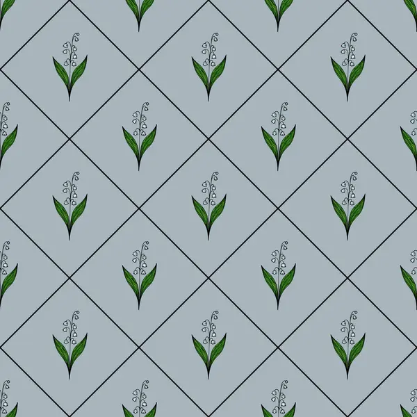 Açık mavi arka planda zarif beyaz çiçekli stilize edilmiş yeşil bitkiler içeren pürüzsüz bir desen. Tasarım elmas şebeke düzeninde düzenlenmiş, uyumlu bir görünüm yaratıyor..
