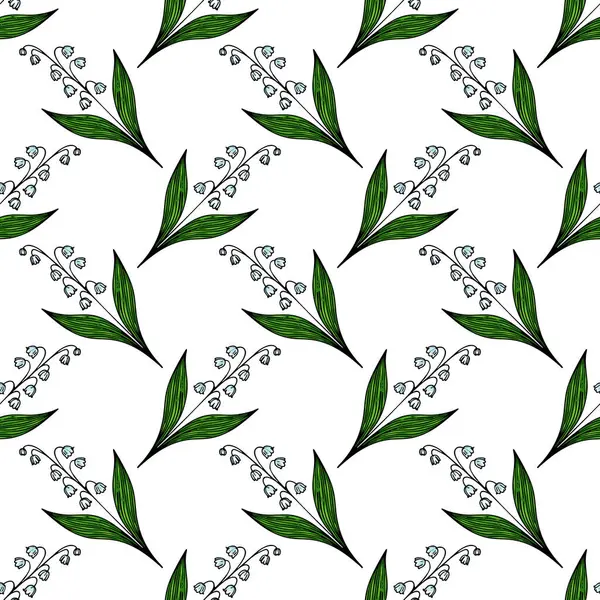 Kusursuz bir çiçek deseni. Beyaz arka planda yeşil yapraklı vadi çiçeklerinin narin zambakları..