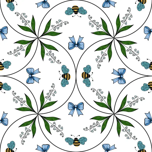 Beyaz arka planda mavi yaylar, arılar ve yeşil yapraklardan oluşan kusursuz bir çiçek deseni. Tasarım simetrik ve karmaşıktır, kumaş veya duvar kağıdı için idealdir..