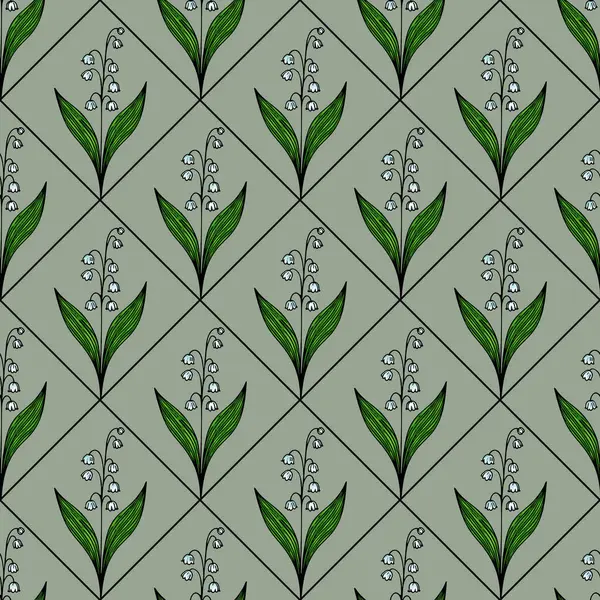 Kusursuz bir çiçek deseni. Sönük yeşil arka planda yeşil yapraklı vadi çiçeklerinin narin zambakları. Tasarım elmas şebeke düzeninde düzenlenmiş, uyumlu bir görünüm yaratıyor..