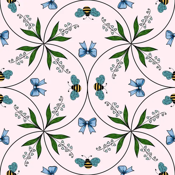 Yeşil yapraklar, mavi fiyonklar ve yumuşak pembe arka planda arılardan oluşan kusursuz bir çiçek deseni. Tasarım simetrik ve karmaşıktır, tekstil veya duvar kağıtları için idealdir..