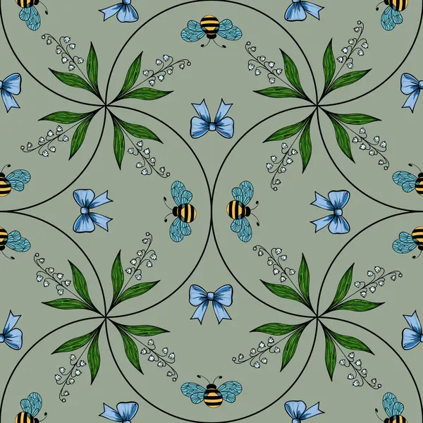 Arılar, mavi yaylar ve sessiz yeşil arka planda yeşil yapraklardan oluşan kusursuz bir vektör deseni. Tasarım simetrik ve çiçekli. Tuhaf ve doğadan esinlenilmiş bir görünüm yaratıyor..