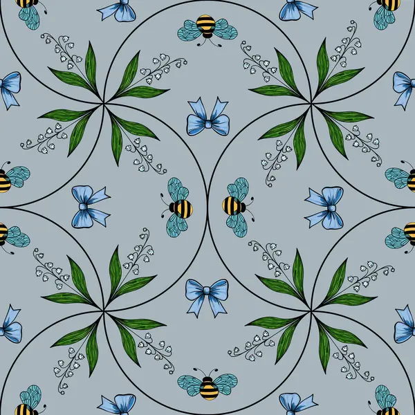 Açık mavi arka planda mavi kelebekler, arılar ve yeşil yapraklardan oluşan pürüzsüz bir desen. Tasarım, çiçek elementleri ve hassas detaylarla simetriktir..