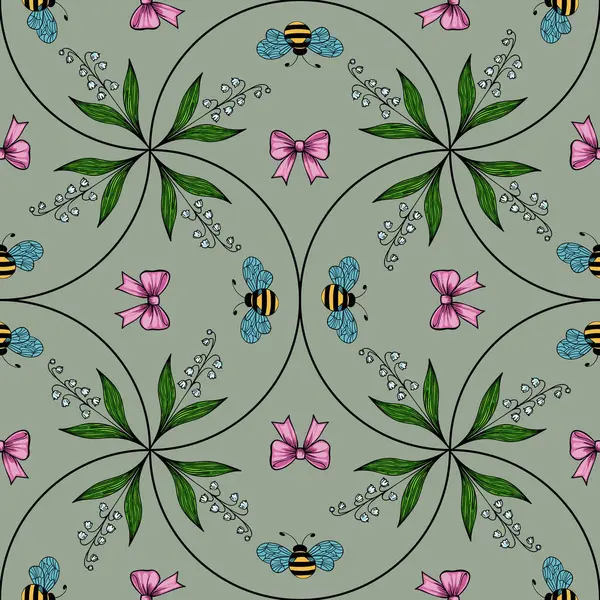 Arılar, pembe yaylar ve sessiz yeşil arka planda yeşil yapraklardan oluşan kusursuz bir vektör deseni. Tasarım simetrik ve çiçekli. Tuhaf ve neşeli bir estetik yaratıyor..
