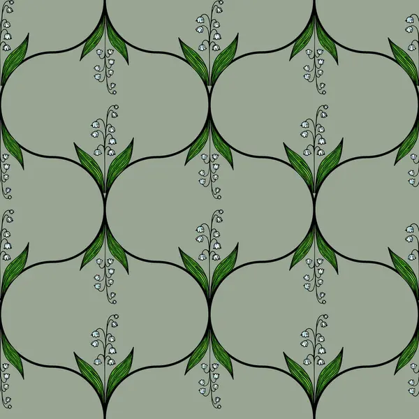 Yeşil yapraklar ve soluk yeşil arka planda narin mavi çiçeklerden oluşan kusursuz bir çiçek deseni. Tasarım simetrik ve zarif, tekstil veya duvar kağıtları için uygun.