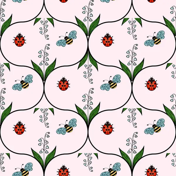 Yeşil yapraklar ve yumuşak pembe arka planda narin sarmaşıklarla çevrili uğur böcekleri ve arıları içeren tuhaf bir vektör deseni..