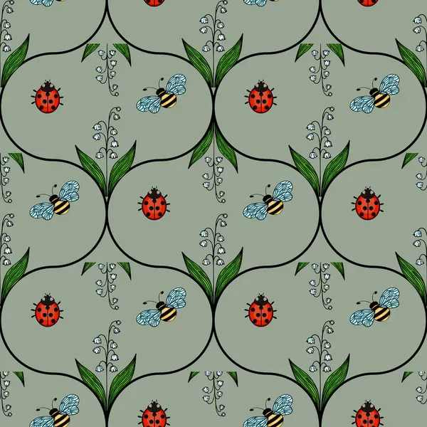 Yeşil yapraklar arasında uğur böcekleri ve arıların ve soluk yeşil arka planda narin çiçeklerin bulunduğu kusursuz bir vektör deseni..