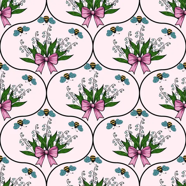 Mavi kelebekler ve arılarla çevrili pembe kurdelelerle bağlanmış çiçek buketlerinin açık pembe arka planda tekrar eden bir desen..