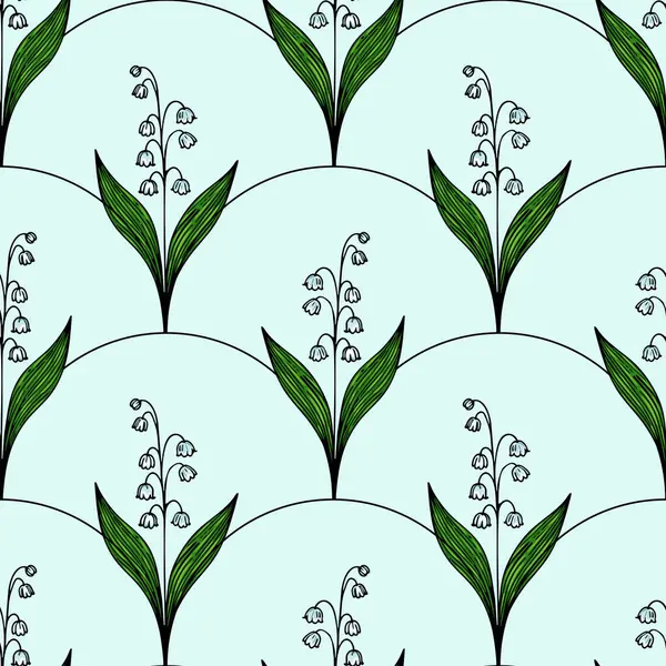 Açık mavi arka planda yeşil yapraklı vadi çiçeklerinin stilize edilmiş zambaklarını içeren pürüzsüz bir desen. Tasarım tekstil ya da duvar kağıtları için uygun, yinelemeli ve zarif..