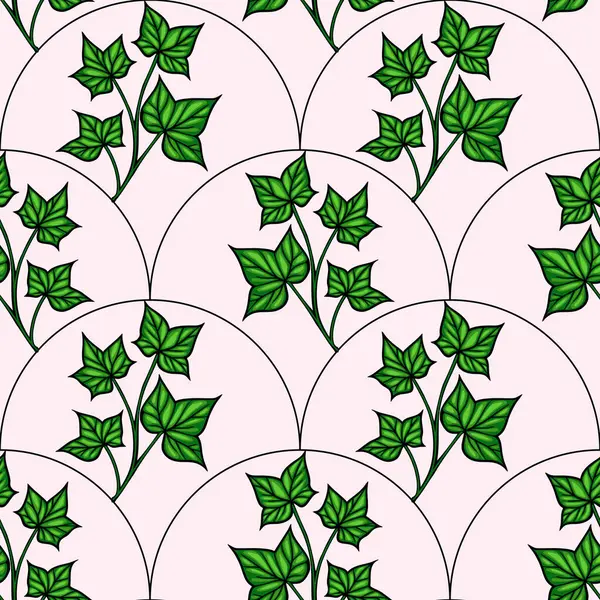 Açık pembe arka planda dairesel şekillerde sıralanmış yeşil sarmaşık yapraklarından oluşan kusursuz bir vektör deseni. Tasarım canlı ve botanik, tekstil veya duvar kağıtları için uygun..