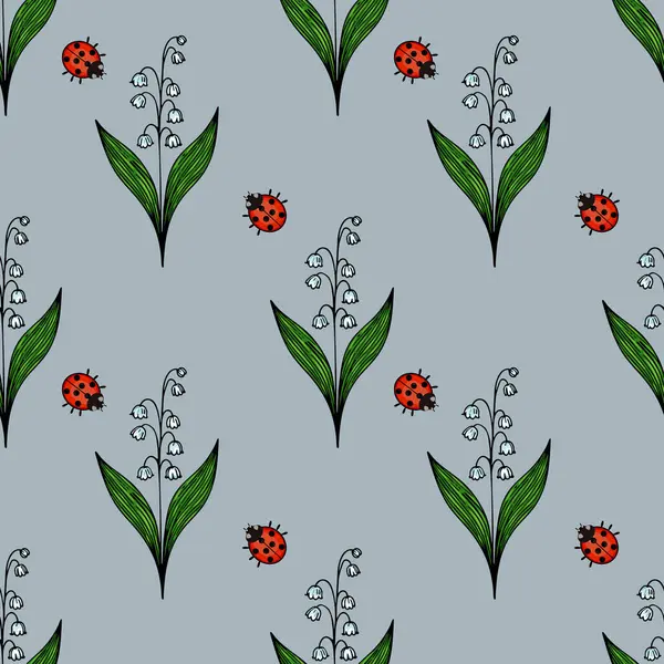 Yeşil yapraklar ve vadi çiçeklerinin beyaz zambaklarından oluşan, kırmızı uğur böcekleri ile karışmış, açık mavi bir arka plana ayarlanmış, pürüzsüz bir desen..