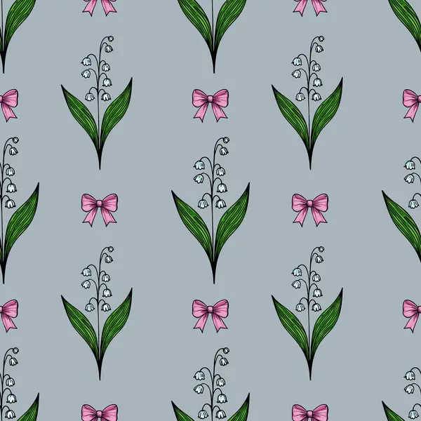 Yumuşak mavi arka planda yeşil yapraklı ve pembe fiyonklu vadideki çiçeklerin narin zambaklarını içeren pürüzsüz bir desen..