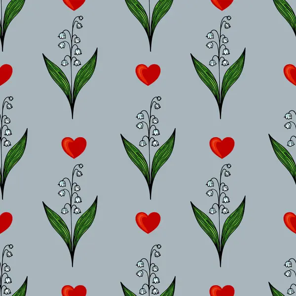 Beyaz taç yapraklı, yeşil yapraklı, açık mavi arkaplan üzerinde kırmızı kalpler bulunan biçimlendirilmiş, kusursuz bir desen..