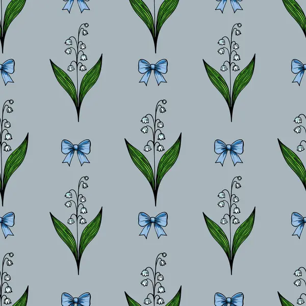 Yeşil yapraklar ve açık mavi bir arka planda mavi fiyonklarla vadideki çiçeklerin biçimlendirilmiş zambaklarını içeren kusursuz bir vektör deseni..
