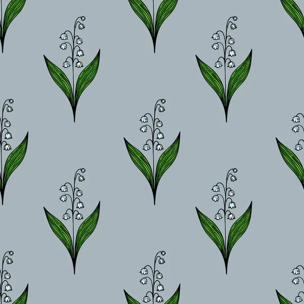 Yumuşak mavi arka planda yeşil yapraklı, vadideki çiçeklerin narin zambaklarını içeren pürüzsüz bir desen..