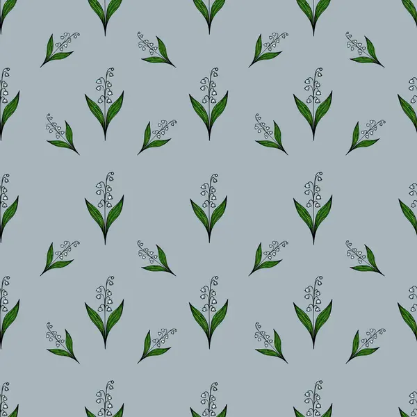 Açık mavi arka planda yeşil yapraklı narin çiçekleri içeren kusursuz bir vektör deseni. Çiçeklerin küçük beyaz taç yaprakları vardır ve tekrar tekrar dizayn edilir..